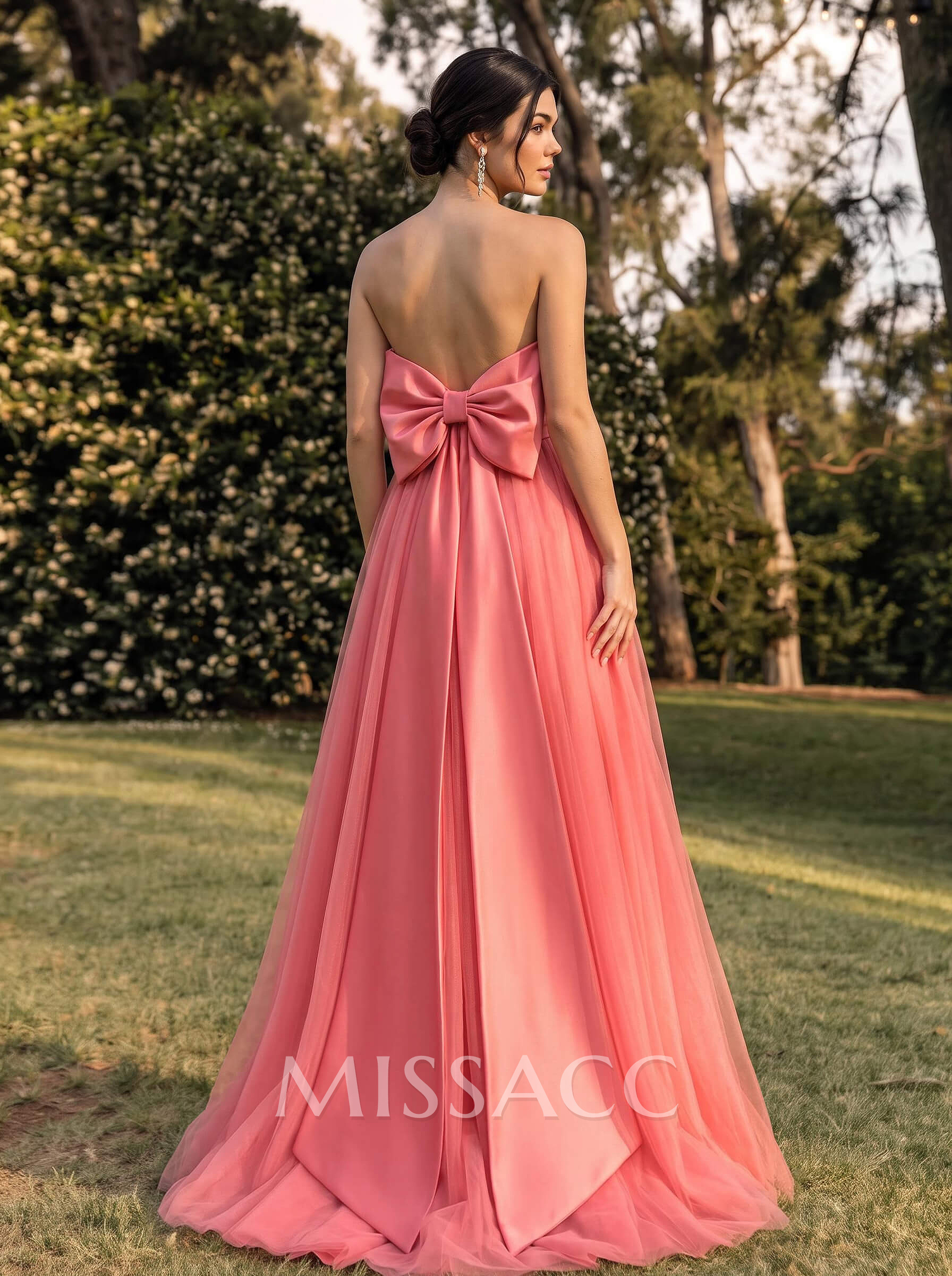 A-Line Strapless Sleeveless Sweep Train Satin/Tulle Bridesmaid Dresses With Bow(s)
