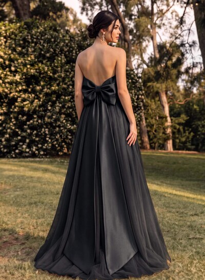 A-Line Strapless Sleeveless Sweep Train Satin/Tulle Bridesmaid Dresses With Bow(s)