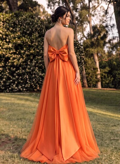 A-Line Strapless Sleeveless Sweep Train Satin/Tulle Bridesmaid Dresses With Bow(s)