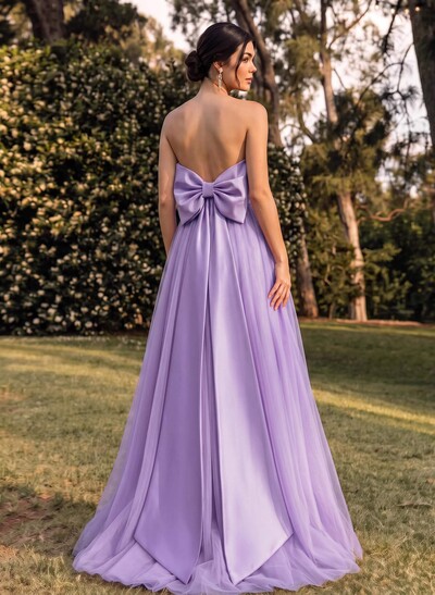 A-Line Strapless Sleeveless Sweep Train Satin/Tulle Bridesmaid Dresses With Bow(s)