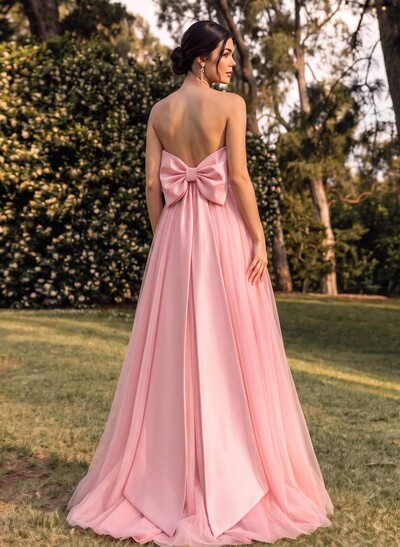 A-Line Strapless Sleeveless Sweep Train Satin/Tulle Bridesmaid Dresses With Bow(s)