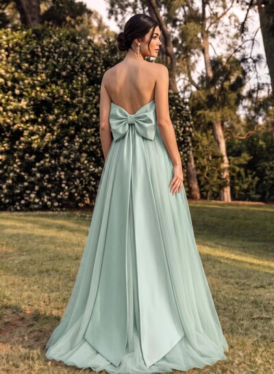 A-Line Strapless Sleeveless Sweep Train Satin/Tulle Bridesmaid Dresses With Bow(s)