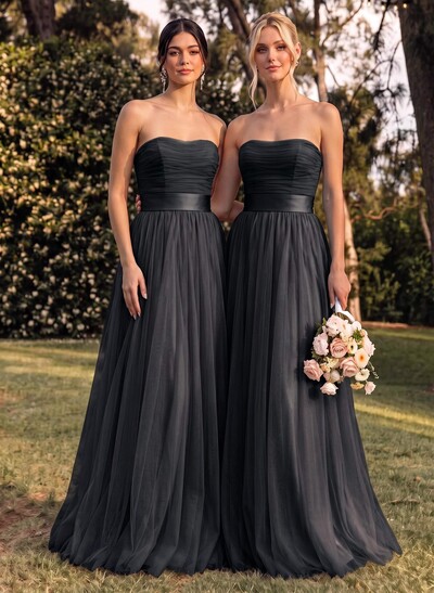 A-Line Strapless Sleeveless Sweep Train Satin/Tulle Bridesmaid Dresses With Bow(s)