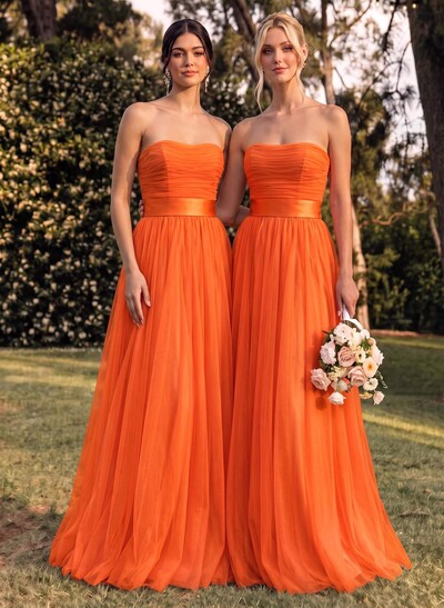 A-Line Strapless Sleeveless Sweep Train Satin/Tulle Bridesmaid Dresses With Bow(s)