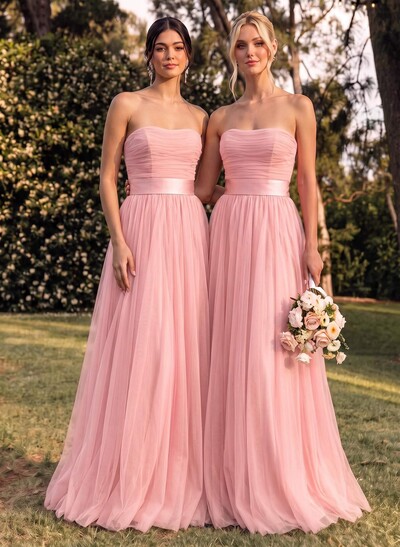 A-Line Strapless Sleeveless Sweep Train Satin/Tulle Bridesmaid Dresses With Bow(s)