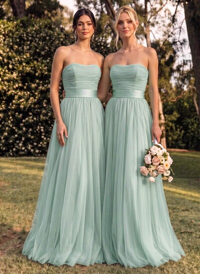 A-Line Strapless Sleeveless Sweep Train Satin/Tulle Bridesmaid Dresses With Bow(s)