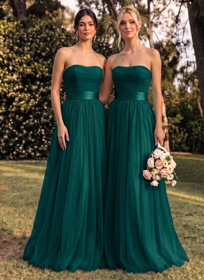 A-Line Strapless Sleeveless Sweep Train Satin/Tulle Bridesmaid Dresses With Bow(s)
