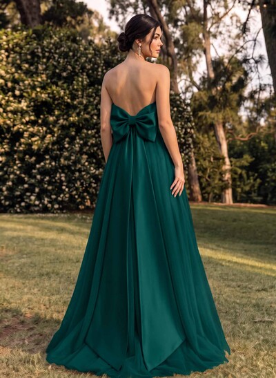 A-Line Strapless Sleeveless Sweep Train Satin/Tulle Bridesmaid Dresses With Bow(s)