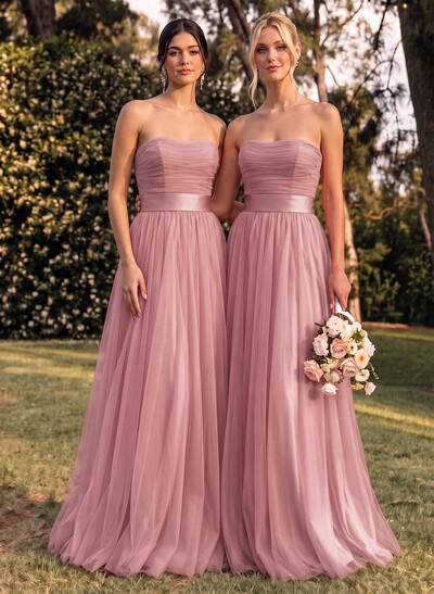 A-Line Strapless Sleeveless Sweep Train Satin/Tulle Bridesmaid Dresses With Bow(s)