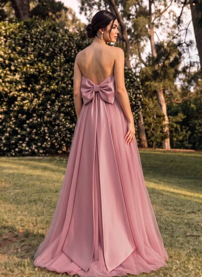 A-Line Strapless Sleeveless Sweep Train Satin/Tulle Bridesmaid Dresses With Bow(s)