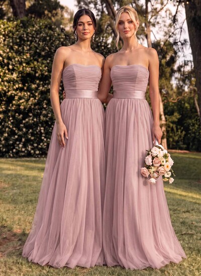 A-Line Strapless Sleeveless Sweep Train Satin/Tulle Bridesmaid Dresses With Bow(s)