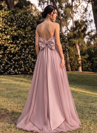 A-Line Strapless Sleeveless Sweep Train Satin/Tulle Bridesmaid Dresses With Bow(s)
