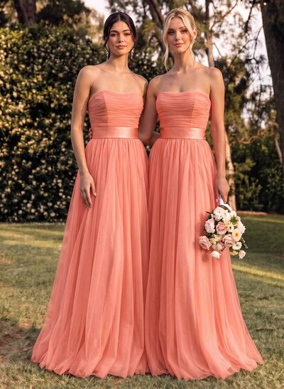 A-Line Strapless Sleeveless Sweep Train Satin/Tulle Bridesmaid Dresses With Bow(s)