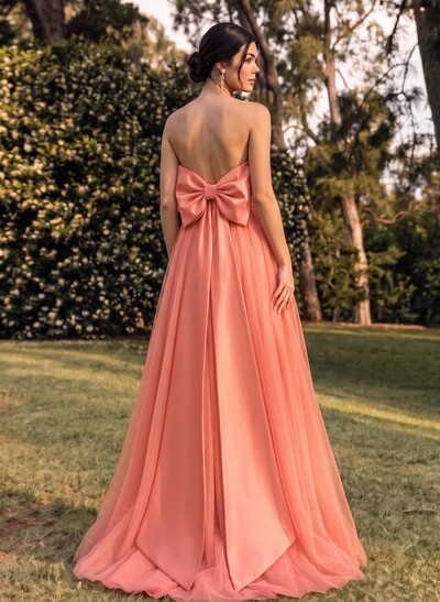 A-Line Strapless Sleeveless Sweep Train Satin/Tulle Bridesmaid Dresses With Bow(s)