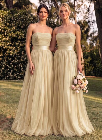 A-Line Strapless Sleeveless Sweep Train Satin/Tulle Bridesmaid Dresses With Bow(s)
