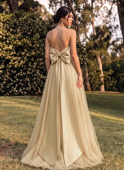 A-Line Strapless Sleeveless Sweep Train Satin/Tulle Bridesmaid Dresses With Bow(s)
