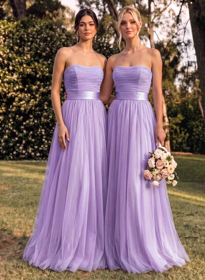 A-Line Strapless Sleeveless Sweep Train Satin/Tulle Bridesmaid Dresses With Bow(s)