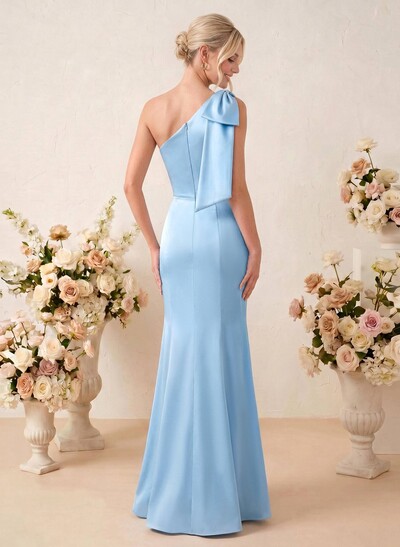 Sheath/Column One-Shoulder Floor-Length Satin Bridesmaid Dresses With Bow(s)
