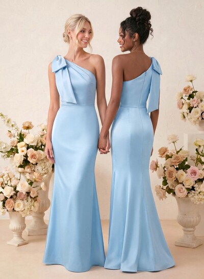 Sheath/Column One-Shoulder Floor-Length Satin Bridesmaid Dresses With Bow(s)