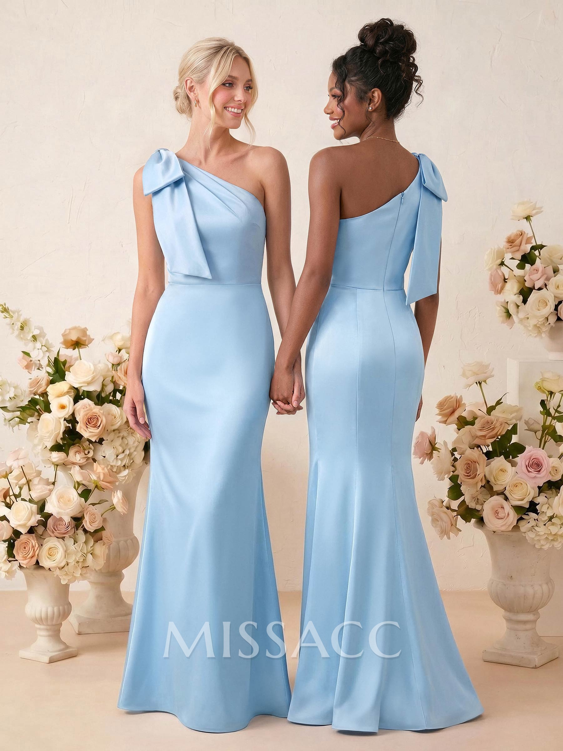 Sheath/Column One-Shoulder Floor-Length Satin Bridesmaid Dresses With Bow(s)