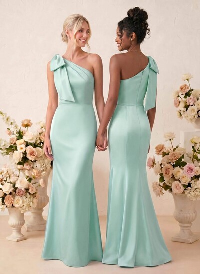 Sheath/Column One-Shoulder Floor-Length Satin Bridesmaid Dresses With Bow(s)