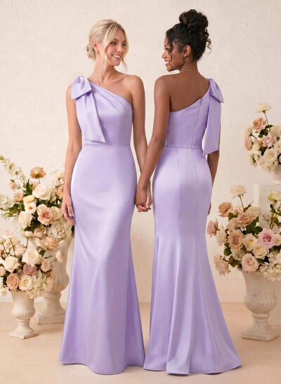 Sheath/Column One-Shoulder Floor-Length Satin Bridesmaid Dresses With Bow(s)