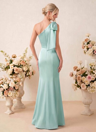 Sheath/Column One-Shoulder Floor-Length Satin Bridesmaid Dresses With Bow(s)