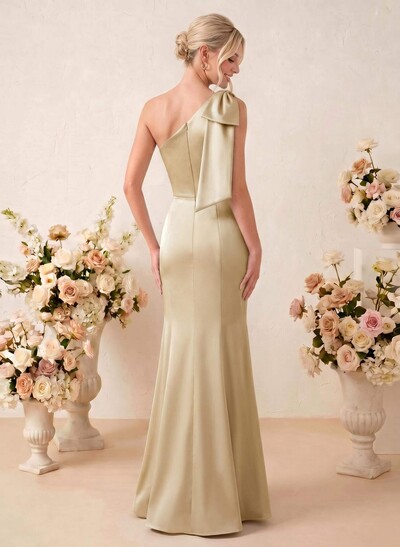 Sheath/Column One-Shoulder Floor-Length Satin Bridesmaid Dresses With Bow(s)