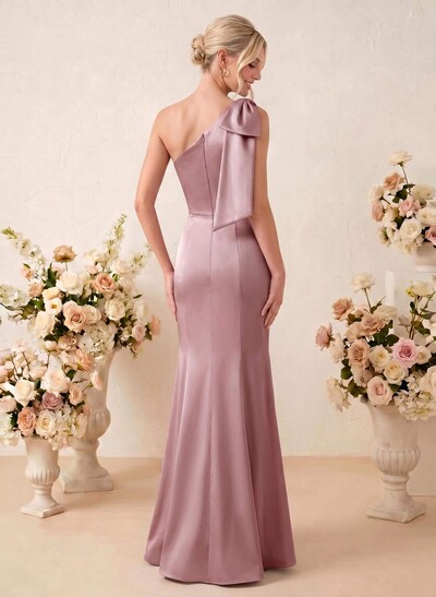 Sheath/Column One-Shoulder Floor-Length Satin Bridesmaid Dresses With Bow(s)