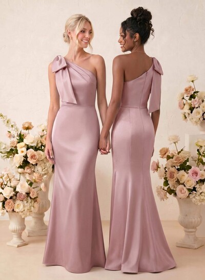 Sheath/Column One-Shoulder Floor-Length Satin Bridesmaid Dresses With Bow(s)