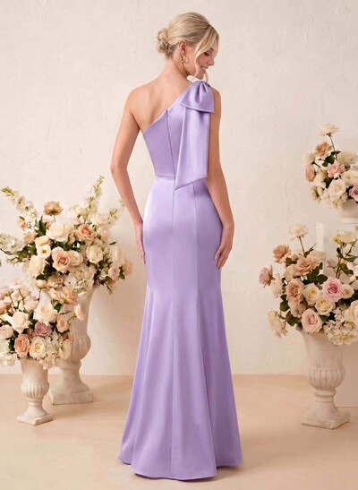 Sheath/Column One-Shoulder Floor-Length Satin Bridesmaid Dresses With Bow(s)