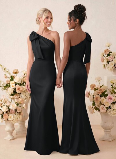 Sheath/Column One-Shoulder Floor-Length Satin Bridesmaid Dresses With Bow(s)