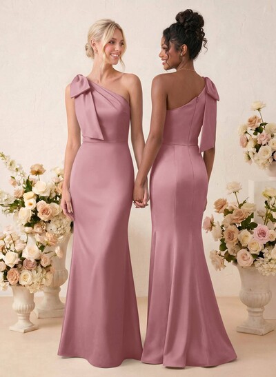 Sheath/Column One-Shoulder Floor-Length Satin Bridesmaid Dresses With Bow(s)