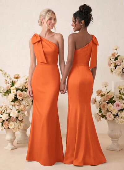 Sheath/Column One-Shoulder Floor-Length Satin Bridesmaid Dresses With Bow(s)