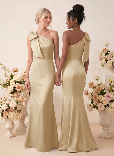 Sheath/Column One-Shoulder Floor-Length Satin Bridesmaid Dresses With Bow(s)