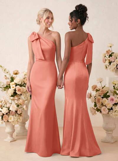 Sheath/Column One-Shoulder Floor-Length Satin Bridesmaid Dresses With Bow(s)