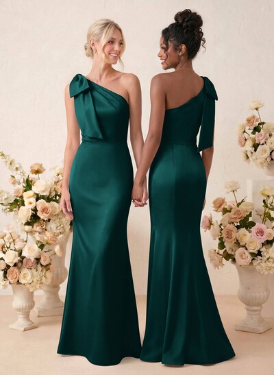 Sheath/Column One-Shoulder Floor-Length Satin Bridesmaid Dresses With Bow(s)