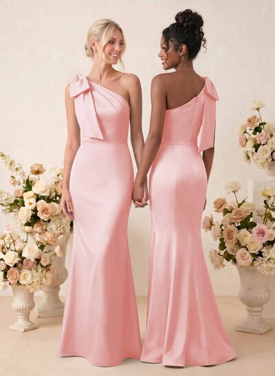 Sheath/Column One-Shoulder Floor-Length Satin Bridesmaid Dresses With Bow(s)