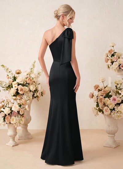 Sheath/Column One-Shoulder Floor-Length Satin Bridesmaid Dresses With Bow(s)