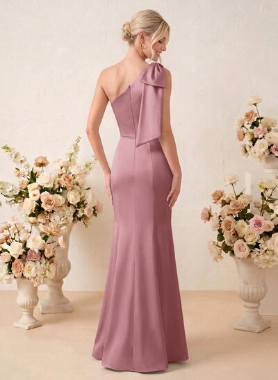 Sheath/Column One-Shoulder Floor-Length Satin Bridesmaid Dresses With Bow(s)
