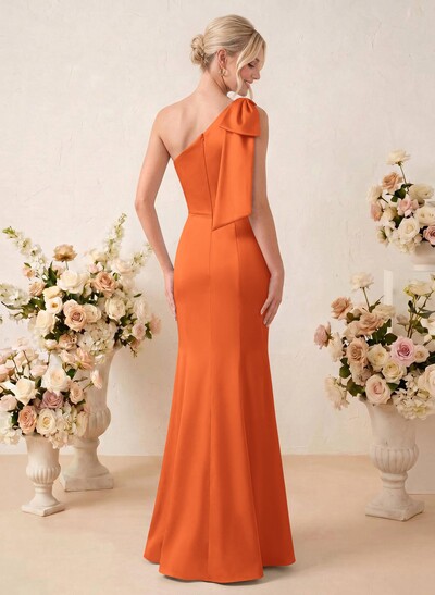 Sheath/Column One-Shoulder Floor-Length Satin Bridesmaid Dresses With Bow(s)