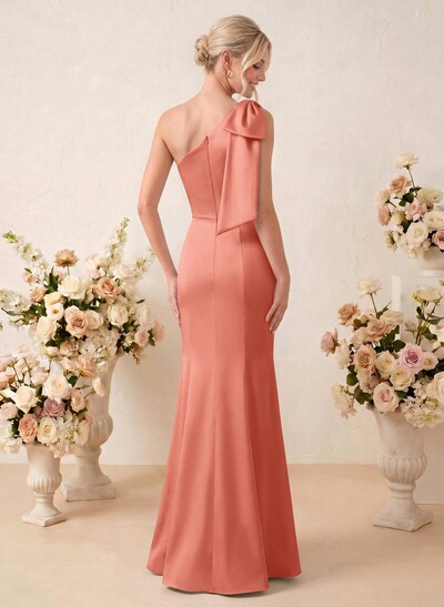 Sheath/Column One-Shoulder Floor-Length Satin Bridesmaid Dresses With Bow(s)