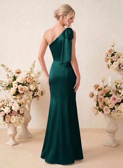 Sheath/Column One-Shoulder Floor-Length Satin Bridesmaid Dresses With Bow(s)