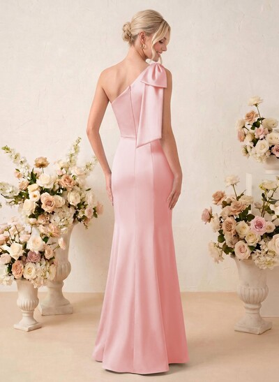 Sheath/Column One-Shoulder Floor-Length Satin Bridesmaid Dresses With Bow(s)
