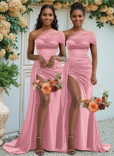 Sheath/Column One-Shoulder Sweep Train Silk Like Satin Bridesmaid Dresses With High Split