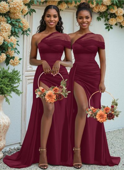 Sheath/Column One-Shoulder Sweep Train Silk Like Satin Bridesmaid Dresses With High Split