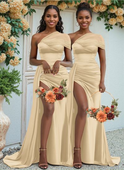 Sheath/Column One-Shoulder Sweep Train Silk Like Satin Bridesmaid Dresses With High Split