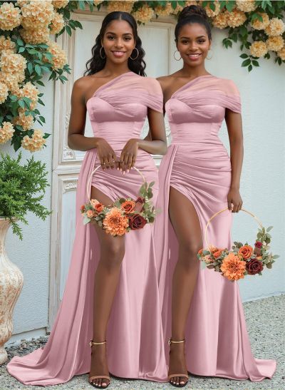 Sheath/Column One-Shoulder Sweep Train Silk Like Satin Bridesmaid Dresses With High Split