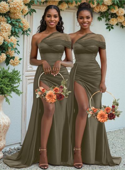 Sheath/Column One-Shoulder Sweep Train Silk Like Satin Bridesmaid Dresses With High Split