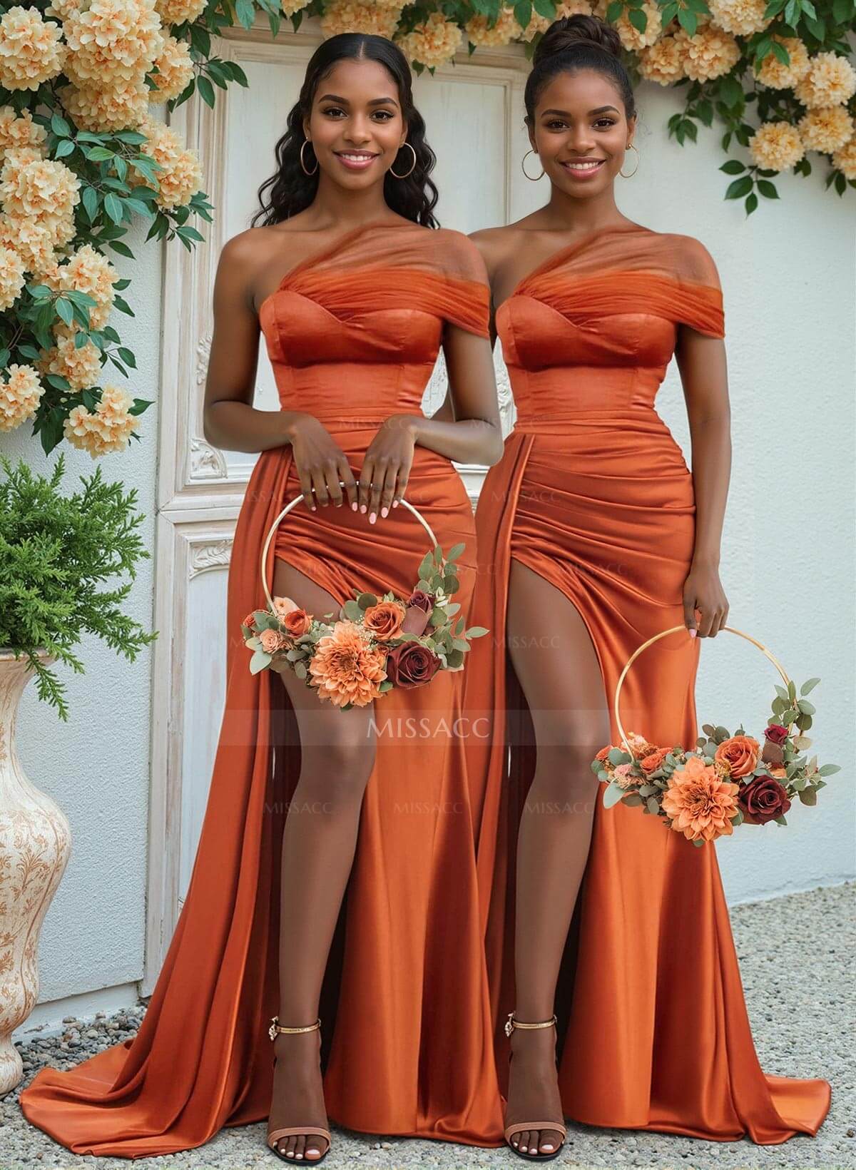 Sheath/Column One-Shoulder Sweep Train Silk Like Satin Bridesmaid Dresses With High Split